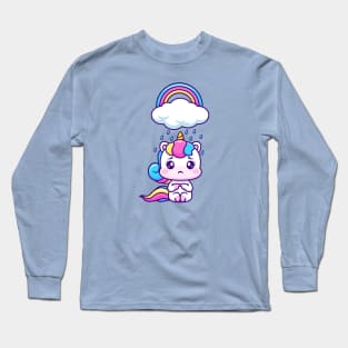 Cute Sad Unicorn Sitting Under Rain Cloud With Rainbow Cartoon Long Sleeve T-Shirt